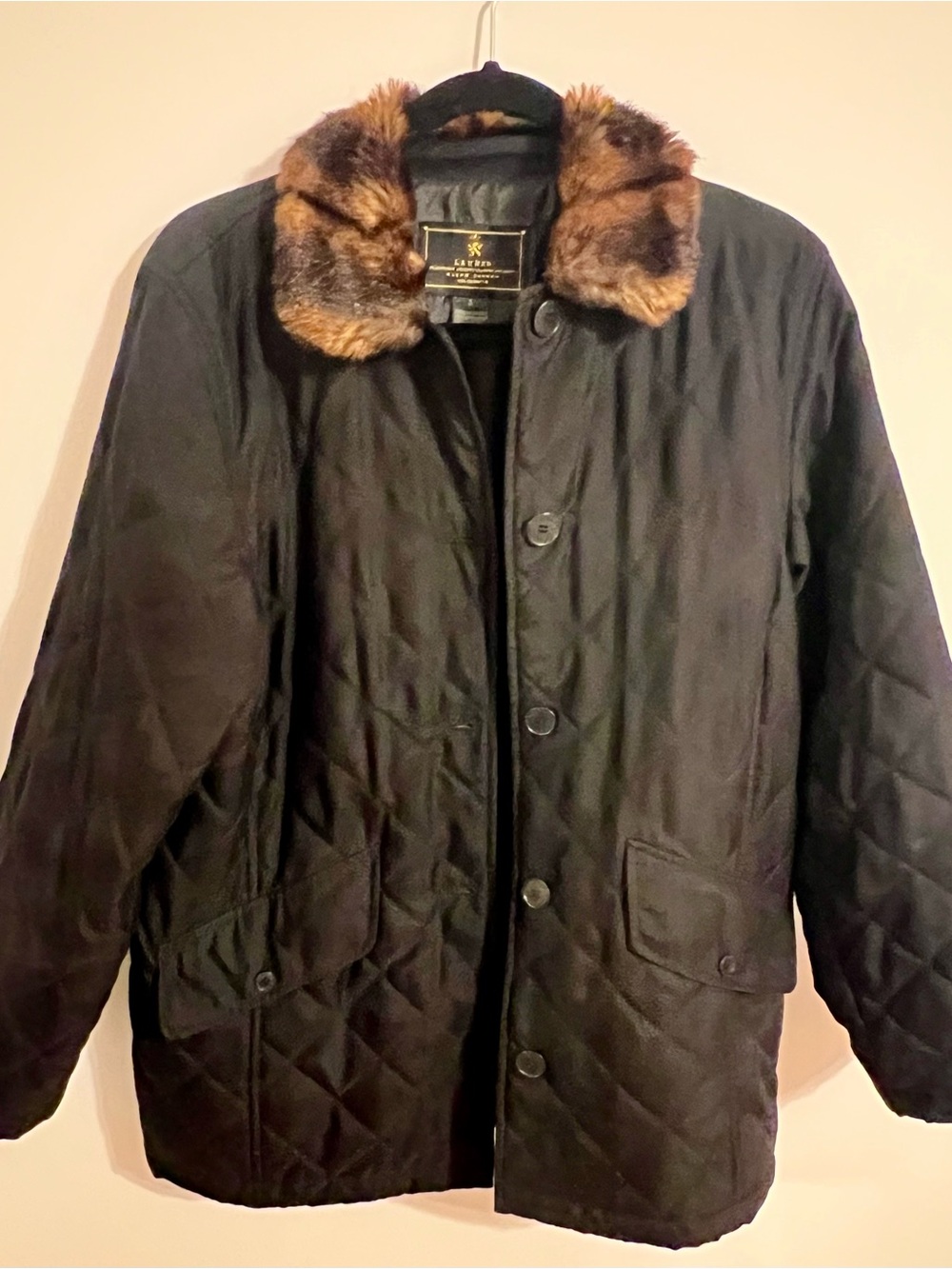 Ralph Lauren Black Quilted Jacket with Brown Faux Fur Collar